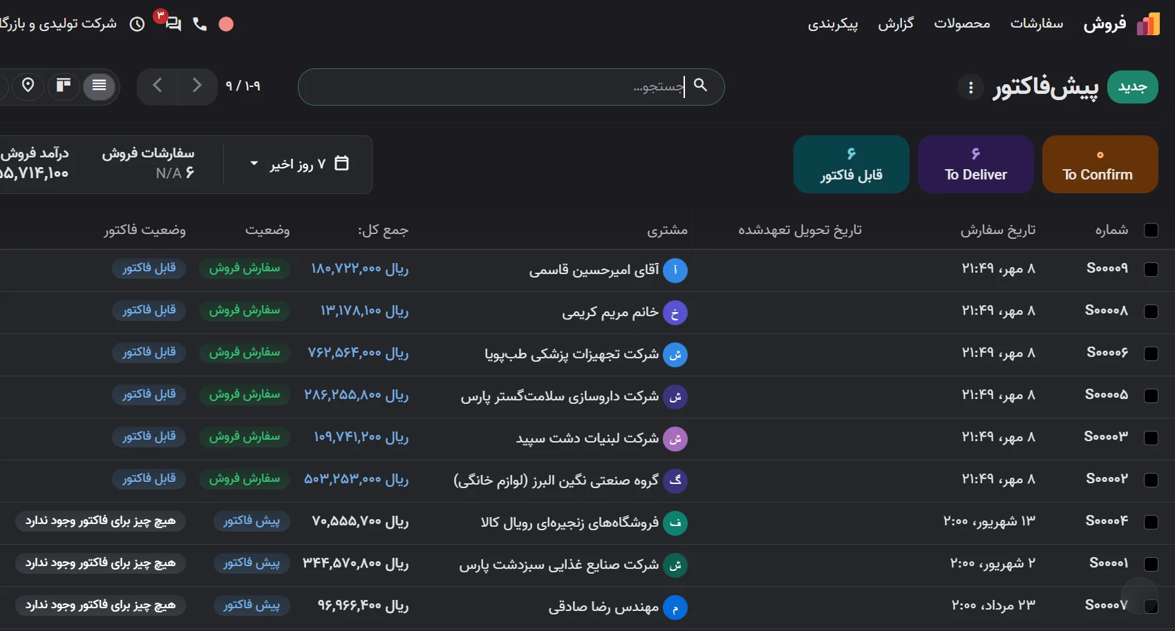 پیش‌فاکتور و سفارش فروش